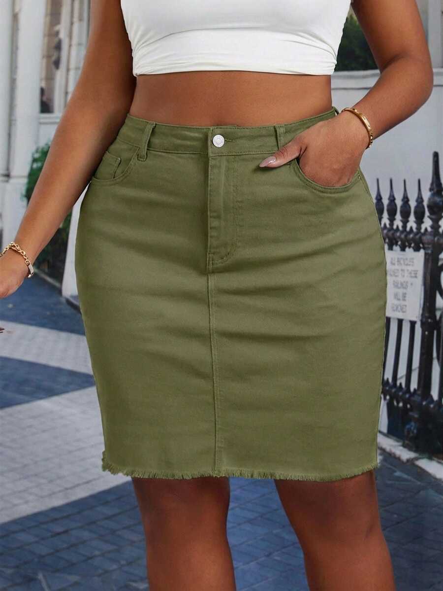 SHEIN Essnce Váy ngắn denim dáng rộng cho nữ, có túi và cúc, thích hợp cho hẹn hò hoặc đi chơi. - xanh quân đội - Xem 1