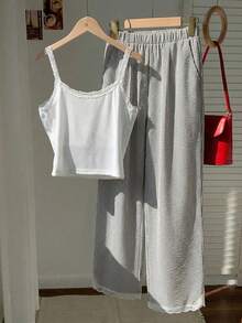 Comfortcana 大码休闲条纹蕾丝吊带背心两件套 - 黑與白 - 查看 2