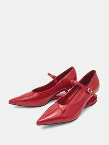 2025新款女士银色浮跟高跟鞋，蝴蝶结玛丽珍尖头设计，透气时尚，优雅派对装扮 - 紅色 - 查看 4