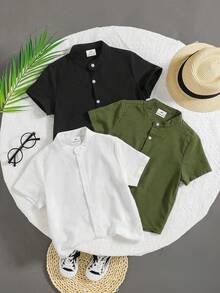 SHEIN LMoss 儿童 3 件套 男童休闲学院风纯色立领亚麻短袖衬衫，春夏儿童纯色衬衫夏季上衣 - 黑與白 - 查看 1