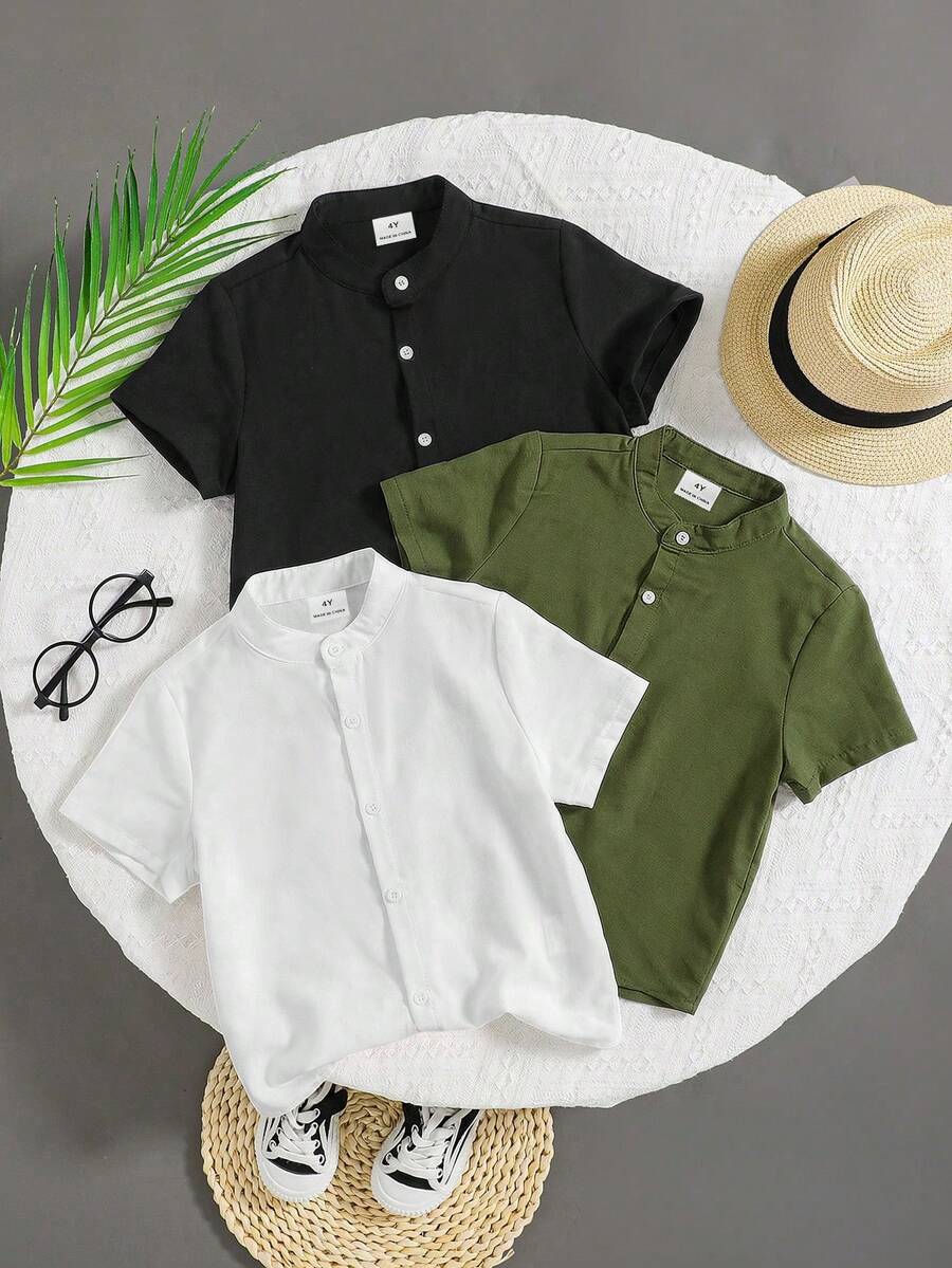 SHEIN LMoss 儿童 3 件套 男童休闲学院风纯色立领亚麻短袖衬衫,春夏儿童纯色衬衫夏季上衣 - 黑與白 - 查看 1