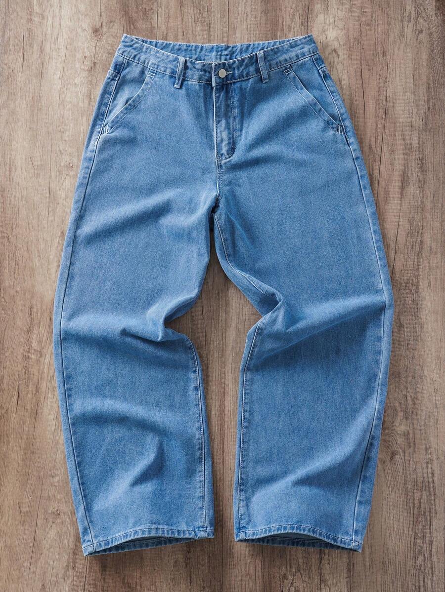 Manfinity Joysei 男士休闲时尚街头卡通字母印花宽松阔腿牛仔裤，不含腰带 - 淺色水洗藍 - 查看 1