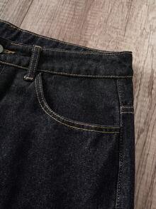 Manfinity Joysei 复古街头风宽松直筒牛仔裤，饰有个性化刺绣樱花和老虎图案 - 黑色 - 查看 4