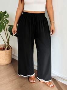 SHEIN Frenchy Plus Size Women Contrast Color Casual Versatile Wide Leg Pants For Daily Wear Brown Pants For Women Gym Summer - Black - View 5
