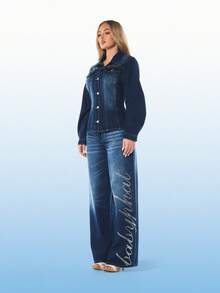 BABYPHAT Women's Straight Fit Rhinestone Embellished High Rise Denim Jeans With Side Script Detail For Casual Everyday Wear - Blue - View 4