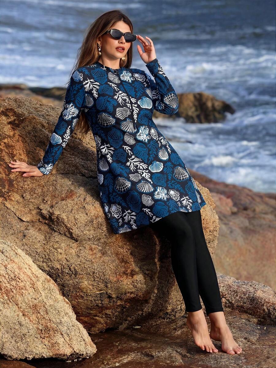Swim Shayni Bộ đồ bơi Burkini cỡ lớn dành cho kỳ nghỉ hè, in hình vỏ sò, tay dài và quần. - Nhiều màu - Xem 1