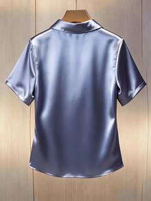 GlowEve CURVE Plus Size Satin Fabric Collared V-Neck Short Sleeve Fitted Shirt, Casual Commute Elegant Outgoing Date Party Blouse - Dusty Blue - View 2