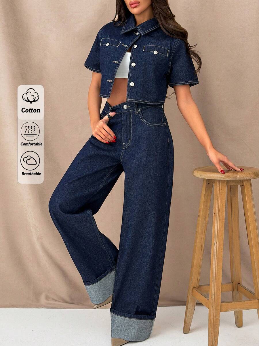 SHEIN 两件套深色水洗撞色缝线短袖露脐牛仔衬衫和卷边阔腿牛仔裤 - 深色水洗藍 - 查看 1