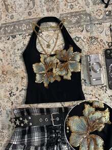 Camiseta de tirantes ajustada y casual con cuello halter, adecuada para el verano - Negro - Ver 3