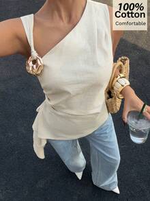 Siren Gaze 100% Cotton Asymmetrical Tie-Waist Sleeveless Top With Metal Buckle,Light Beige,Summer,Chic,Vacation,Holiday French Style Casual Tank Top - Apricot - View 1