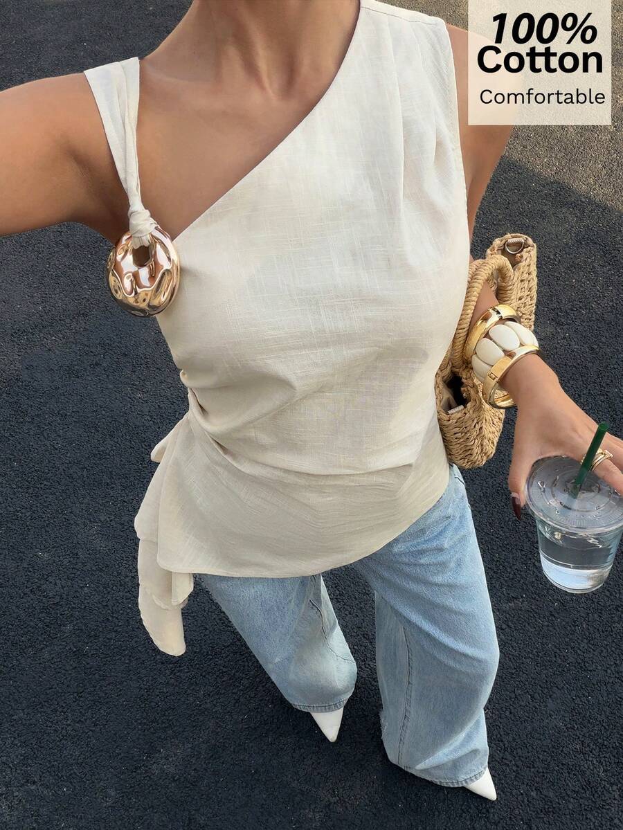 Siren Gaze 100% Cotton Asymmetrical Tie-Waist Sleeveless Top With Metal Buckle,Light Beige,Summer,Chic,Vacation,Holiday French Style Casual Tank Top - Apricot - View 1