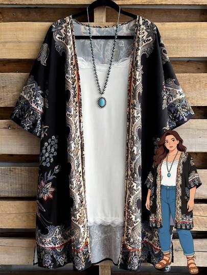 EMERY ROSE Plus Size Women's Fashionable Bohemian Style Cardigan Summer Outfits Summer Clothes  Spring  Spring Outfit Women Spring Clothes Country Style For Women Vacation Outfits Women  Beach Vacation Outfits For Women