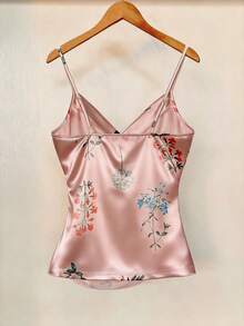 GlowEve Best-Selling Floral Print Vacation Camisole With Ruched Waist Detail, Slimming White Satin Summer Tank Top - Pink - View 2