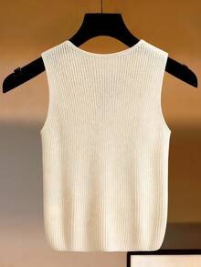 Franclia 女士单排扣麻花针织休闲背心 - 杏色 - 查看 2