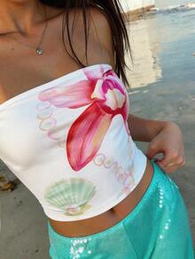 Opulessa Women's Fitted Printed Tube Top, Suitable For Spring/Summer Vacation, Spring Summer Outfits, Festival Outfits, Elegant Party Outfits , Beach Vacation Outfits, Wedding Guest Sets, Formal Graduation Outfits, Work Outfits For Women, Flower Tube Top - Multicolor - View 5