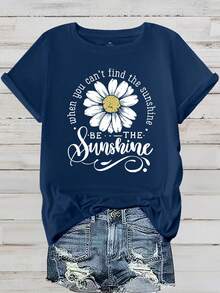 EMERY ROSE Camiseta de manga corta con cuello redondo y estampado de margaritas para mujer de talla grande - Azul Marino - Ver 1
