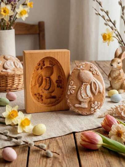 Cirelle Wooden Easter Cookie Mold - Rabbit & Egg Shape Cake Fondant Press Stamp, For Holiday Baking & Cake Decorating