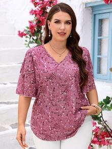 Miaspire 大码女式V领短袖印花荷叶边袖束腰上衣，夏季女装，夏季度假，女士度假装，简约时尚，日常穿着 - 彩色 - 查看 1