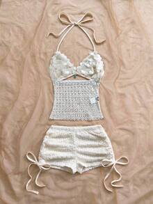 Soleia 女士复古度假风V领露背系带修身撞色上衣搭配低腰褶皱抽绳短裤两件套，适合派对、圣诞节、约会、夜店、海滩、邮轮、下午茶、波西米亚风、度假、秋季等场合。 - 杏色 - 查看 8