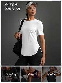 Powerista Camiseta deportiva casual de unicolor con abertura lateral y manga corta para mujer - Blanco - Ver 5