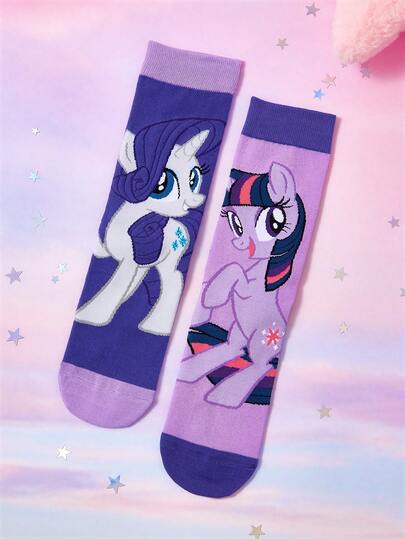 My Little Pony X SHEIN 3 perechi de șosete inegalabile, moi și respirabile, care absorb umezeala, design asimetric casual, până la jumătatea gambei, cu model dulce de desene animate, la modă, drăguțe, în culorile bomboanelor, pentru femei și fete, cu vârf și călcâi întărite pentru durabilitate, pentru tot sezonul, vară și iarnă, șosete grafice, Y2K, în culorile bomboanelor
