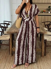 Weeklong Jumpsuit Wanita Leher V dengan Motif Simpul Putar, Jumpsuit Kasual untuk Liburan & Sehari-hari, Musim Semi/Panas - MultiWarna - View 3