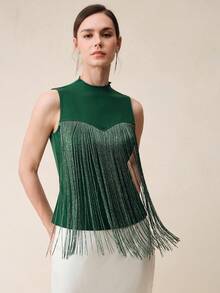 Anewsta Blusa sin mangas de verano para mujer, diseño de lujo retro francés con cuello alto de satén, diseño con flecos, elegante chaleco verde, adecuado para citas, fiestas y uso diario - Verde - Ver 4