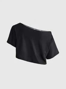 ROMWE Y2K 女士休闲斜肩交叉印花水钻装饰露脐上衣 - 黑色 - 查看 2