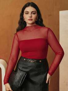 Anewsta Elegant Fashion Casual New Year Party Sexy Sheer Mesh Splice Elastic Fitted Long Sleeve Women's Base Shirt Black Plus Size Tops T-Shirt, Spring/Summer - Red - View 6