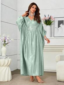 Al Najma 优雅奢华的V领前襟缀满珍珠和水钻的连衣裙 - 綠色 - 查看 6