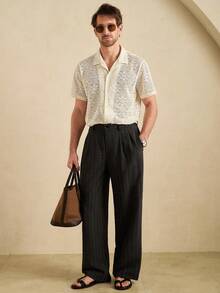 Genlund Men's White Floral Lace Short Sleeve Shirt,Slim Fit Sheer Crochet Button Down Camp Collar Top For Summer,Boho,Vacation,Holiday & Weekend Hangouts - Apricot - View 5