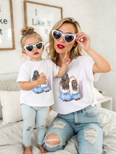 Camiseta corta con estampado de corazón y lazo, de estilo minimalista, fresco y casual, ideal para uso diario de bebés niñas y mamás, adecuada para primavera, verano y otoño