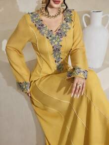 Al Najma Embroidered Lace Patchwork Elegant Modest Long Sleeve Dress - Yellow - View 1