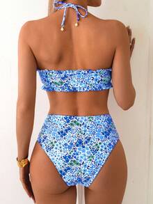 SHEIN Swim Women's Summer Beach Vacation New Cute Strapless Floral Ruffled Ditsy Floral Matching Delicate Pearl Pendant Drawstring Bikini Set - Multicolor - View 2