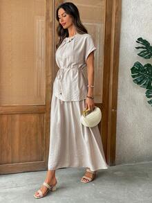 EMERY ROSE Women's Solid Color Round Neck Top And Skirt 2-Piece Set, Fashionable For Dates And Outings 2 Piece Sets Woman Dress Summer Outfit For Women Coords For Women Casual Classy Work Outfits For Women Office Outfits For Women - Apricot - View 4