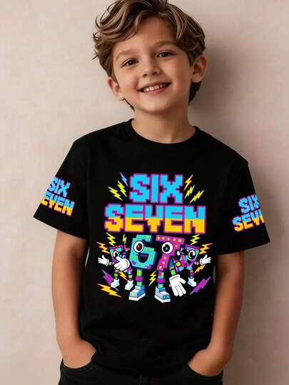 男童数字 67 艺术印花短袖 T 恤，柔软舒适的夏季上衣