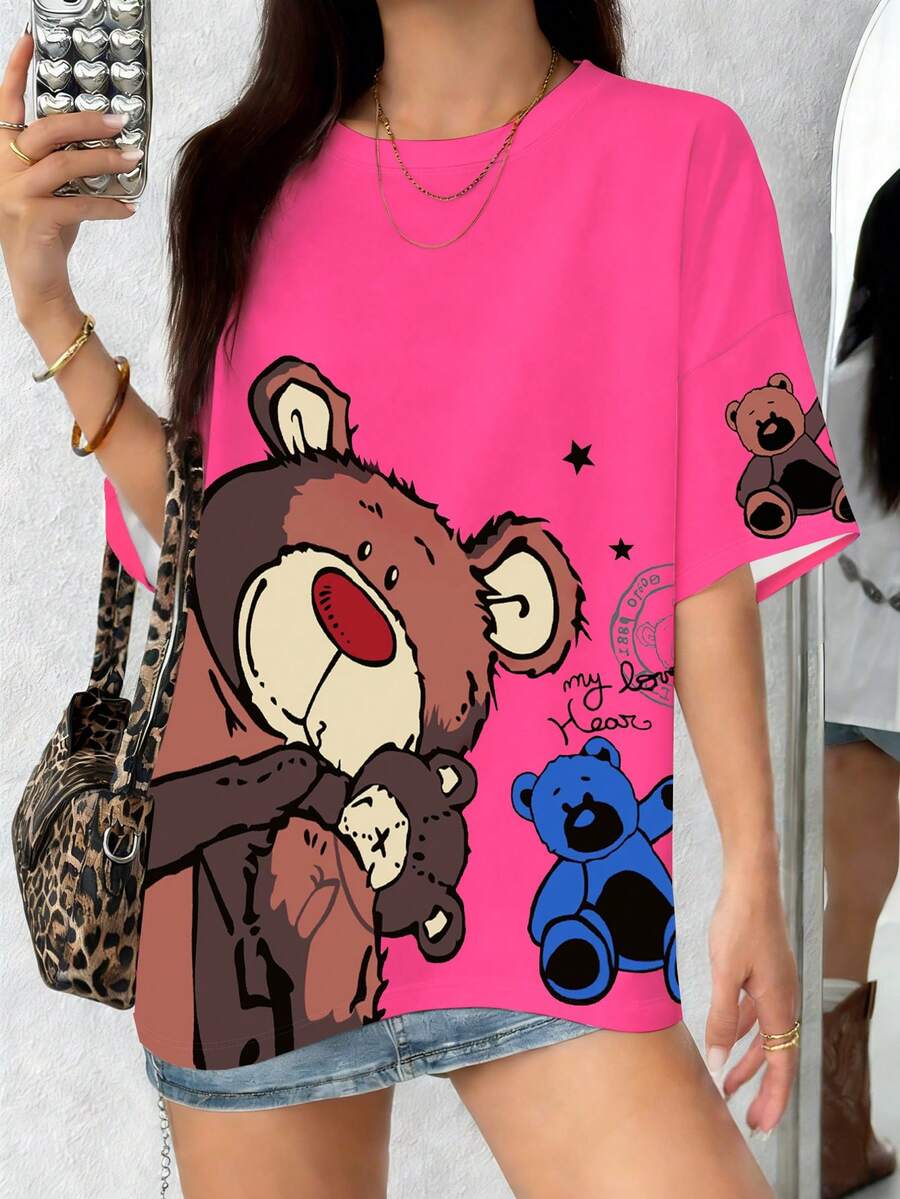 INAWLY Camiseta casual de mujer con estampado de oso de dibujos animados lindo - Mezcla de poliéster cómoda, manga corta, cuello redondo - Perfecta para primavera y verano - Multicolor - Ver 1