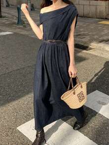 FRIFUL Vestido de mezclilla con hombro asimétrico y drapeado para vacaciones de mujer - Azul - Ver 3