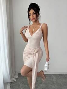 Elenzga Women's Minimalist Twist Knot Collar Pleated Design Metal Buckle Short Dress - Apricot - View 5