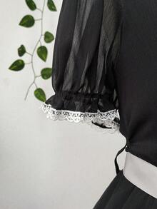 Plus Size Summer Black Short Sleeve Cinched Waist Contrast Ruffle Vintage Elegant Bow Tie Dress - Black - View 4