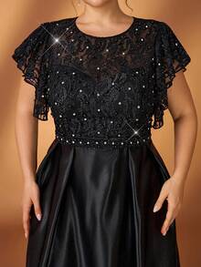 Serin Đầm cưới cỡ lớn sang trọng, lãng mạn màu đen, cổ tròn, tay bồng, đính sequin và đá quý, dáng chữ A, phù hợp cho đám cưới, tiệc tùng, dạ hội, hoặc đầm dành cho mẹ cô dâu. - màu đen - Xem 7