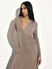 KSTM Women's Long Sleeve Deep V-Neck Side Gathered Maxi Dress With Ruched Waist Detail For Evening And Occasions - Khaki - View 5