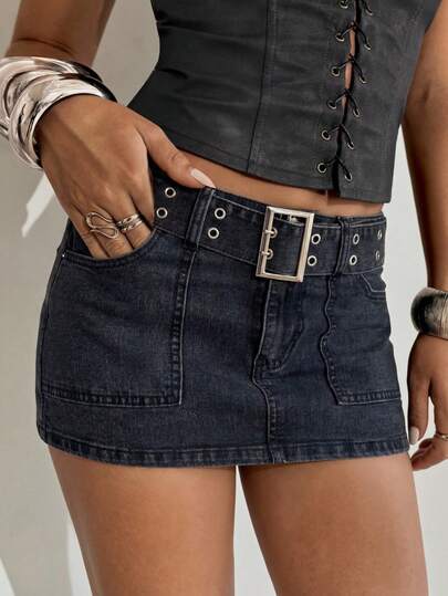 Aloruh Ladies, Retro Punk-Style Buckles, D-Shaped Buttons. Suitable For Parties, Outings, Gatherings, Commuting, Dating, An Elegant Washed-Black Bamboo-Striped Low-Waist Sexy Denim Mini Skirt (For Women)