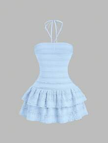 Sweetra 女士优雅纯色露背荷叶边下摆收腰蛋糕裙，夏季 - 淺藍色 - 查看 2