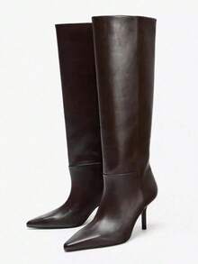 Fall/Winter Pointed Toe Fashionable Versatile Suede Leather Thigh-High Boots,Kitten Heel Boots,Party Spring Shoes - Brown - View 7