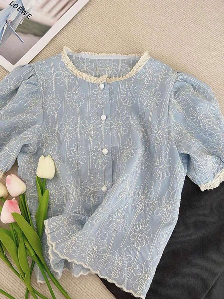 SHEIN Frenchy Women's Casual Floral Embroidered Shirt, Summer - Blue - View 1