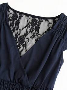 Glimmora 新款黑色蕾丝衬衫，复古优雅修身短袖T恤（女款） - 藏蓝色 - 查看 6