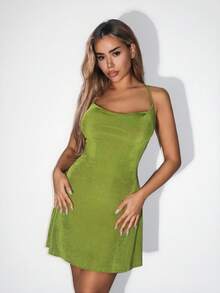 SHEIN ICON Fitted Glitter Velvet Backless Waist Cinched Mini Dress - Green - View 6