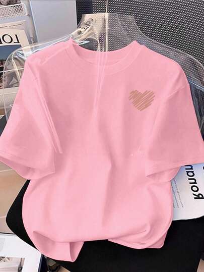 Franclia Casual Fashion Fitted Knit Pullover Sweater, Small Heart Print Short Sleeve T-Shirt For Women