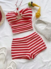 Soleia Bộ đồ thể thao nữ năng động màu đen trắng kẻ sọc, áo croptop ống có khóa kim loại trang trí và quần short siêu ngắn, thích hợp cho hẹn hò, tiệc tùng, kỳ nghỉ biển. - Nhiều màu - Xem 5